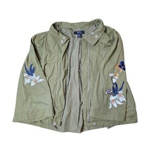 Eric Signature Embroidered Floral Jacket Olive Green Lace Up Back Boho Chic Sz L